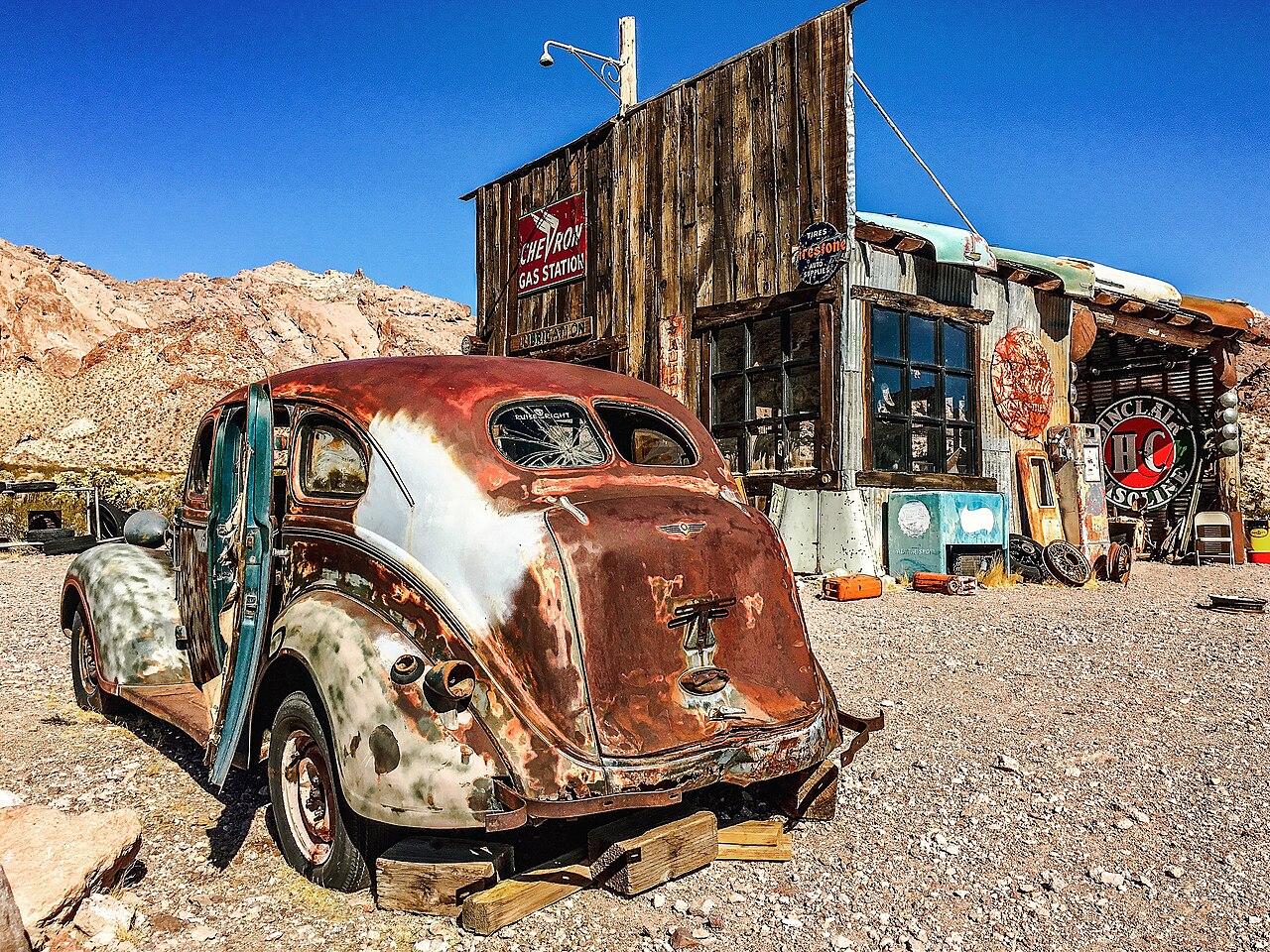 Weathered buildings and old equipment at Nelson Ghost Town in Eldorado Canyon.