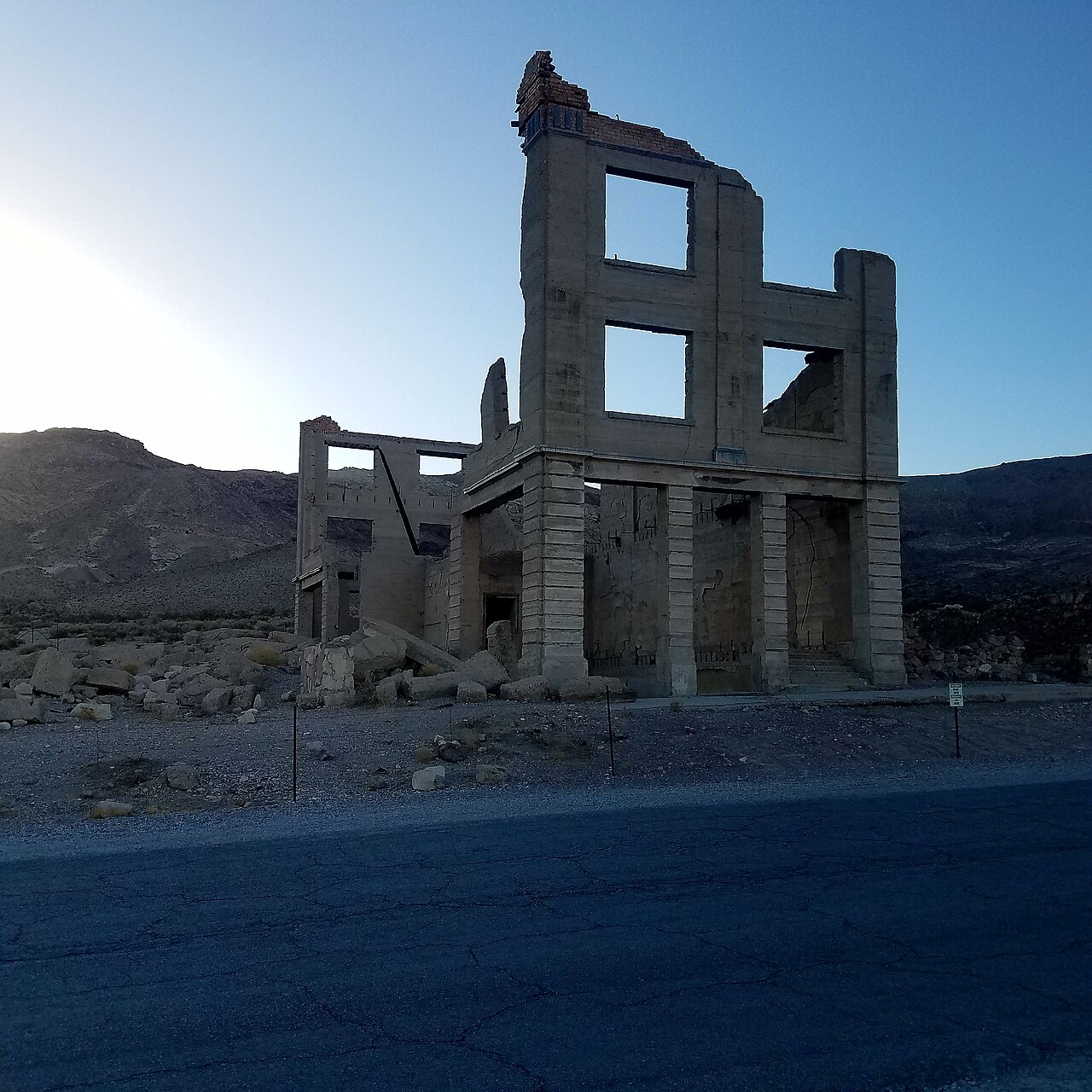 The Cook Bank shell at Rhyolite, standing alone on the open flat.